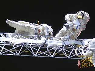 W�hrend der EVA am 16. April 1999 setzen Jean-Pierre Haignere und Wiktor Afanassjew den Amateurradio-Satelliten Sputnik 99 aus