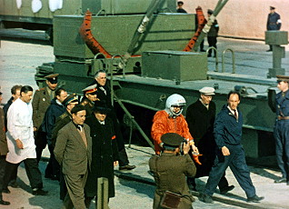 Yuri Gagarin on his way to the launch pad