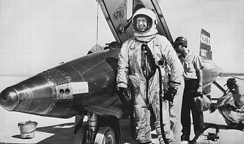 Joe Walker proudly stands by X-15 no. 3 after his record altitude flight on 22 August 1963.