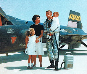 Joe Engle is greeted on the lakebed by his wife Mary, and two children, daughter Laurie and son Joe after the first of his three astronaut qualification flights. This was the sixth such astronaut flight in the X-15 program.  Joe Engle is greeted on the lakebed by his wife Mary, and two children, daughter Laurie and son Joe after the first of his three astronaut qualification flights. This was the sixth such astronaut flight in the X-15 program.