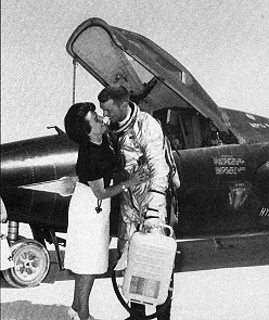 Joe Engle and his wife Mary share a moment on the lakebed after his first X-15 astronaut flight on 29 June 1965. Joe Engle and his wife Mary share a moment on the lakebed after his first X-15 astronaut flight on 29 June 1965.